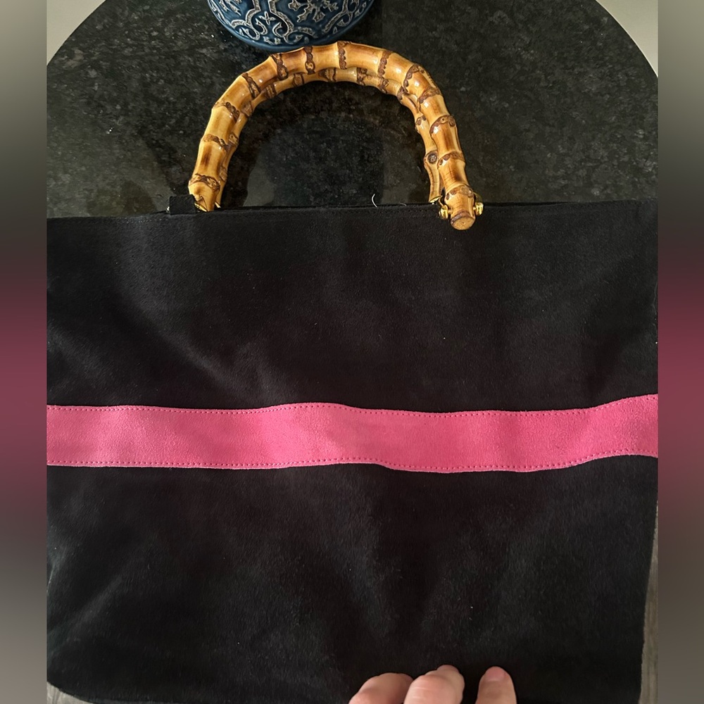 Rita Wilcox 2000s Handmade Black and Pink Tote Bag with Bamboo Handle EUC